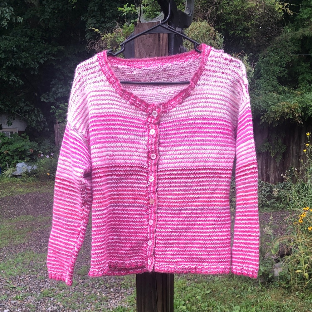 Sparkly Barbiecore hand knitted cardigan